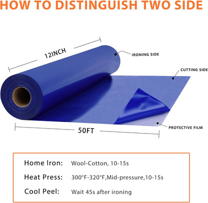RENLITONG Blue Iron on Vinyl 12Inch by 50ft Roll HTV Heat Transfer Vinyl for T-Shirt HTV Rolls for All Cutter Machine - Easy to Cut & Weed for Heat Transfer Design
