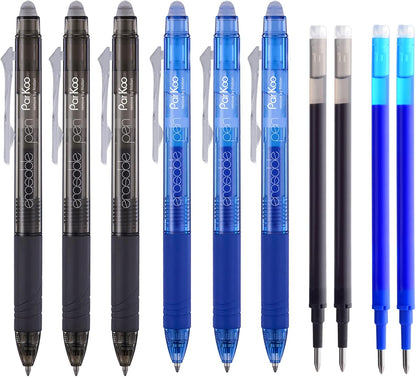 ParKoo Retractable Erasable Gel Pens Clicker Fine Point 0.7 mm, Make Mistakes Disappear, 3 Black/3 Blue Ink Pens with 4 Bonus Refills for Drawing Writing Journaling and Crossword Puzzles