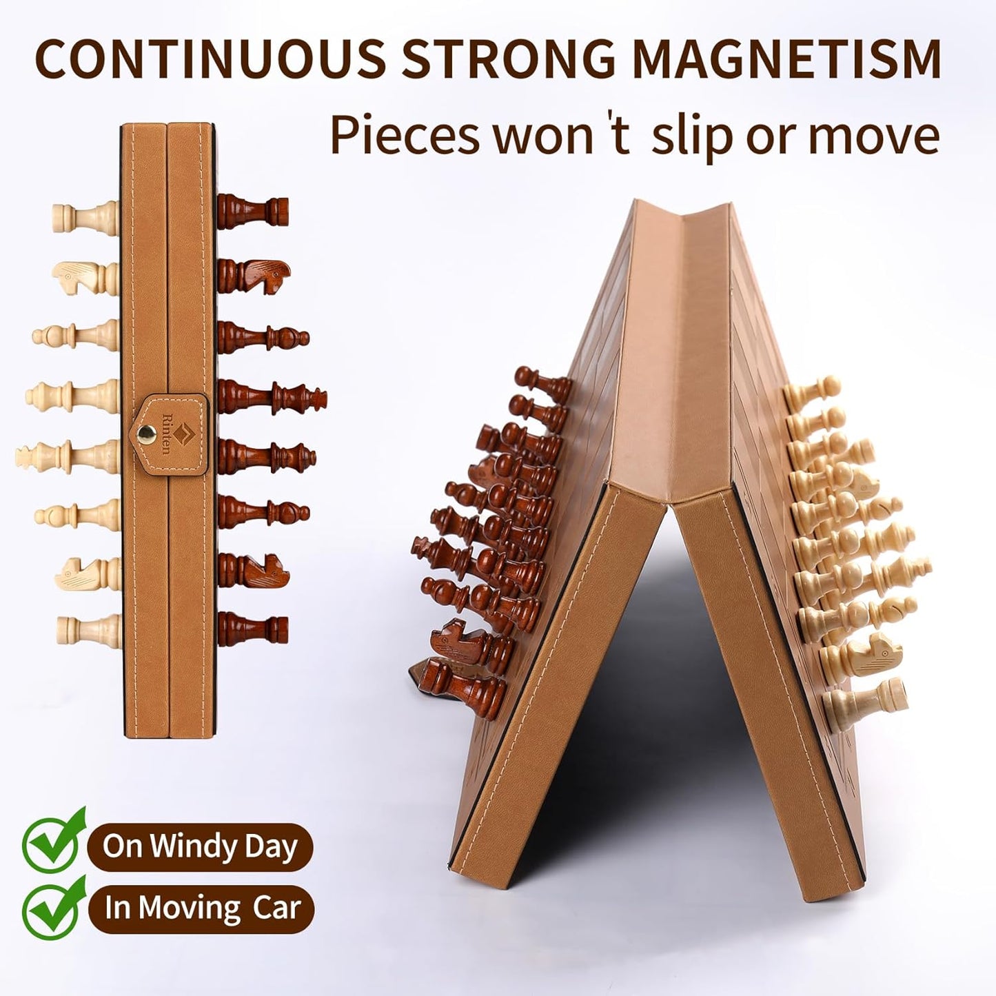 15" Magnetic Chess Set & Checkers Set 2 in 1，Rinten Leather Portable Travel Chess Board Game Sets with Velvet Bag Packaging Beginner Large Chess Set for Kids and Adults