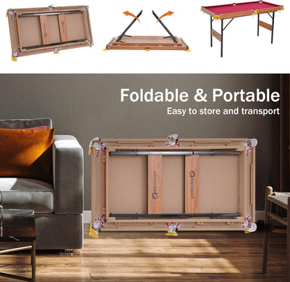 54" Portable Pool Table - Billiard Table for Kids & Adults with 2 Cues, Triangle Rack, Chalk & Brush - Compact Wooden Game Table for Home, Game Room, Indoor & Outdoor