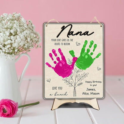 DIY Grandma Craft Hand Print, Handprint Art Wooden Craft Plaque Sign, Custom Mothers Day Gift for Grandma, Crafts for Grandmas from Kids, Grandson, Toddlers, Floral Bouquet Baby Keepsake 8x10in