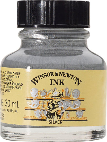 Winsor & Newton Drawing Ink, 30ml Bottle, Silver - Crafty Corner