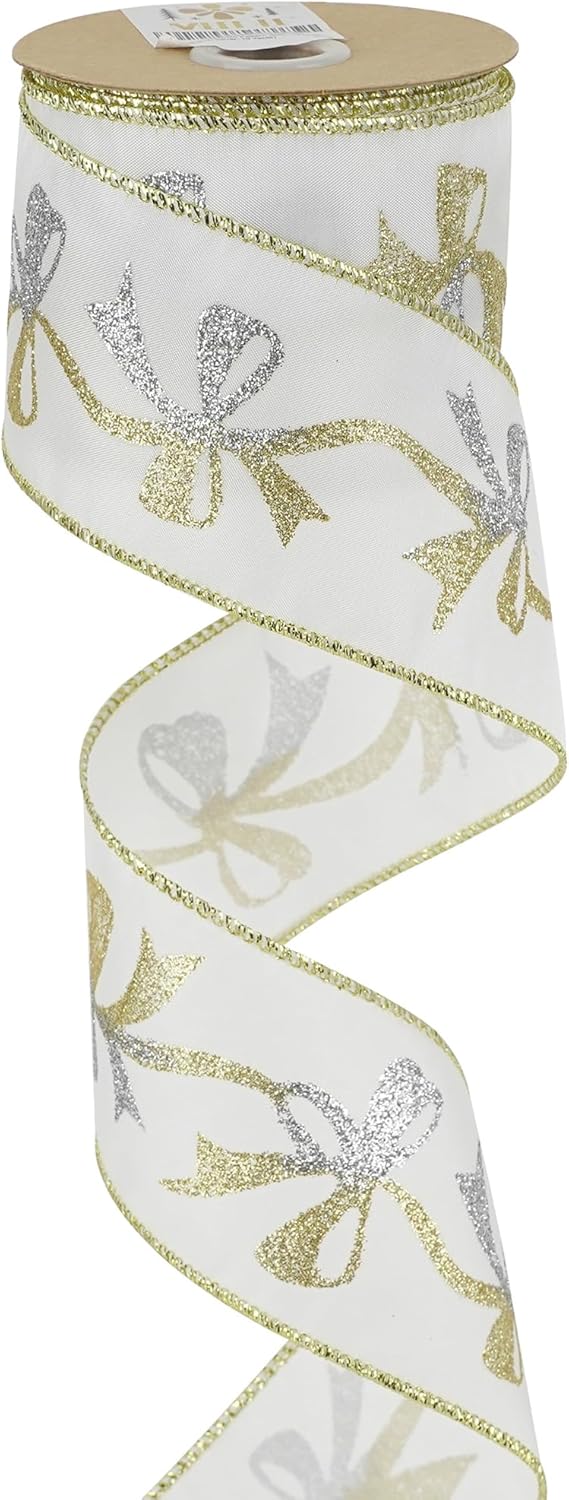 MEEDEE Gold & Silver Christmas Ribbon - 2.5 Inch White Satin with Glittery Bows Pattern - 10 Yards Wired Ribbon for Tree, Garlands & Toppers - Crafty Corner