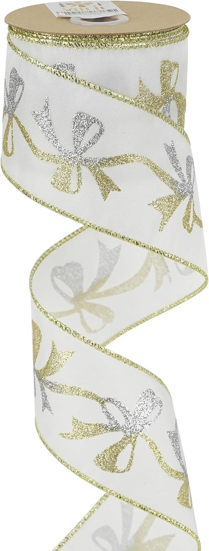 MEEDEE Gold & Silver Christmas Ribbon - 2.5 Inch White Satin with Glittery Bows Pattern - 10 Yards Wired Ribbon for Tree, Garlands & Toppers - Crafty Corner