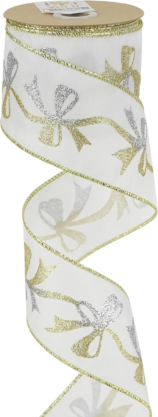 MEEDEE Gold & Silver Christmas Ribbon - 2.5 Inch White Satin with Glittery Bows Pattern - 10 Yards Wired Ribbon for Tree, Garlands & Toppers - Crafty Corner