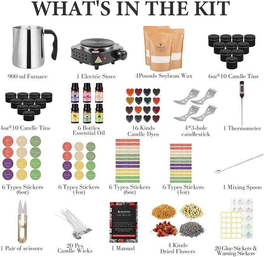 SAEUYVB Candle Making Kit, Candle Making Kit for Adults - DIY Starter Soy Candle Making Supplies-Including Soy Wax,Electric Stove,Melting Pot,Candle Wicks,Rich Scents,Stickers,Etc