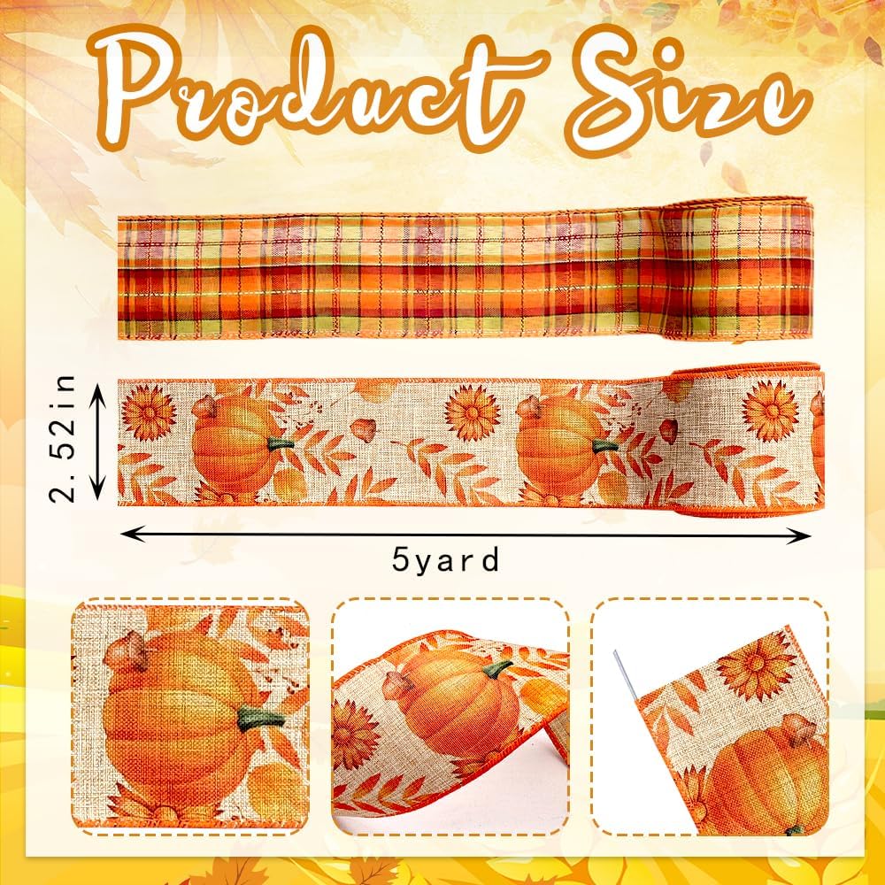 Threetols 2 Rolls 10 Yards Fall Wired Edge Ribbons, 2.5inch Orange Plaid Burlap Ribbons, Autumn Leaves Pumpkin Ribbon for Thanksgiving Party DIY Craft Fall Wreath Bow Decor - Crafty Corner