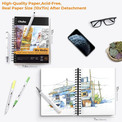 Ohuhu Mix Media Pad, 10"x7.6" Mixed Media Art Sketchbook, 120 lb/200 gsm Heavyweight Papers, 62 Sheets/124 Pages, Spiral Bound Mixed Media Paper Pad for Acrylic, Painting Christmas Gift - Crafty Corner
