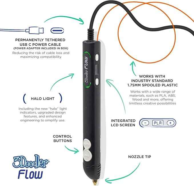 3Doodler Flow 3D Printing Pen for Teens, Adults & Creators – Black, with Free Refill Filaments, Stencil Book & Guide, 3.1 x 10.74 x 4.44 inches