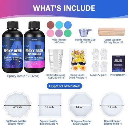 KISREL Epoxy Resin Kit for Beginners, 12OZ Resin Kit with Silicone Coaster Molds, Complete Accessories Include Mica Powders, Dried Flowers, Measuring Cups and Other Resin Supplies for DIY