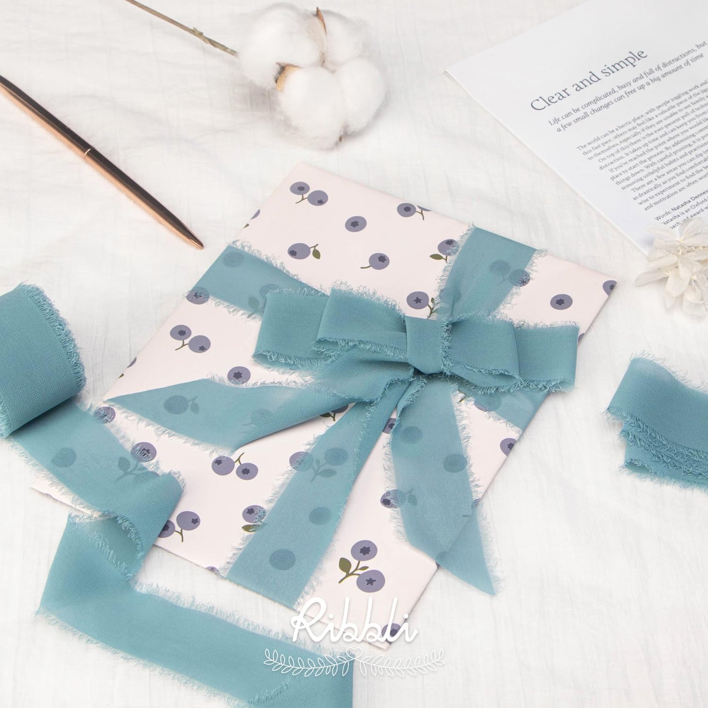 Ribbli Deep Sea Blue Chiffon Ribbon 1-1/2 inch x 20 Yard Handmade Fringe Chiffon Silk Ribbon,Blue Ribbon for Wedding Invitations, Bridal Bouquets Wrapping, Flower Arrangement Decoration - Crafty Corner