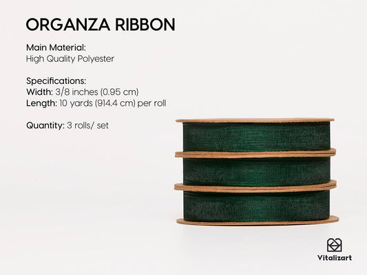 Vitalizart 3/8" x 30Yd Organza Ribbon Christmas Green Sheer Ribbons Set 10 Yd x 3 Rolls Handmade Eco-Friendly for Gift Wrapping Christmas Tree Crafts Bows Wedding Invitations Wreaths Wrap - Crafty Corner
