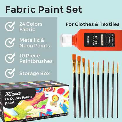 24 Colors Fabric Paint For Clothes Permanent, Soft Fabric Paint in Bottles with 10 Brushes ，Stencils& Palette,Non-Toxic Textile Paint for Shoes，Jeans ，Bags& DlY Projects(60ml/2oz)