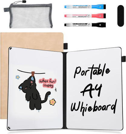 AGM Portable White Board Dry Erase Notebook, 12" x 9" Double Sided Folding Whiteboards with 3 Pens, Small Travel Dry Erase Board Skin-Friendly Material for Study, Meeting, Planning, Tuscan