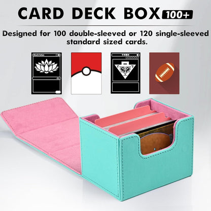 ZLCA Card Deck Box for Trading Cards, MTG Commander Deck Box Holds 120+ Single Sleeved Cards, Leather Magnetic Card Storage Case Fits for TCG CCG (Turquois& Pink)