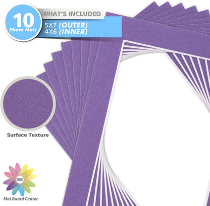 Mat Board Center, Pack of 10, 5x7 for 4x6 Color Mats - Bevel Cut, Acid Free, 4-ply Thickness, White Core - for Pictures, Photos, Framing, African Violet Color