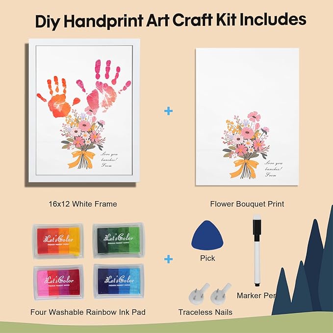 Bixinyo Flower Bouquet Handprint Kit, Mother's Day Gifts for Grandma, Mom, Grandparents from Daughter/Kids, Unique Gifts for Birthday Christmas, DIY Art Craft 12" X 16" Frame (Bow, White)