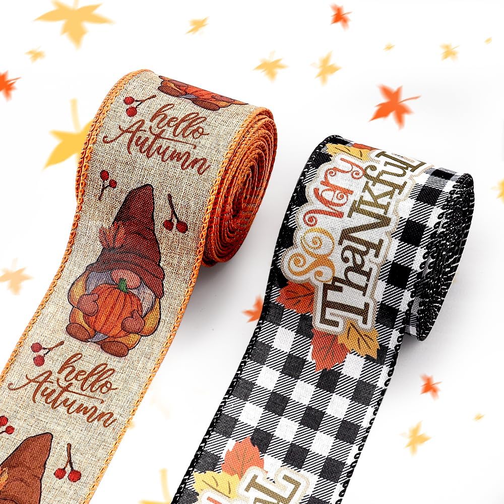 Threetols 2 Rolls 10 Yards Fall Wired Edge Ribbons, 2.5inch Black White Plaid Burlap Ribbon, Autumn Leaves Gnomes Pumpkin Ribbon for Thanksgiving Party DIY Craft Fall Wreath Bow Decor - Crafty Corner
