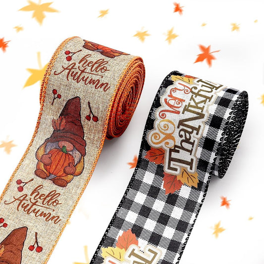 Threetols 2 Rolls 10 Yards Fall Wired Edge Ribbons, 2.5inch Black White Plaid Burlap Ribbon, Autumn Leaves Gnomes Pumpkin Ribbon for Thanksgiving Party DIY Craft Fall Wreath Bow Decor - Crafty Corner