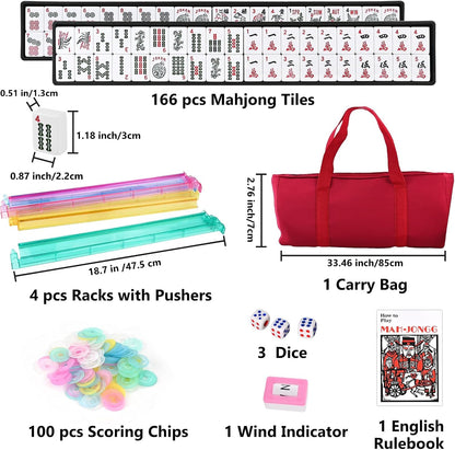 American Mahjong Tile Set – 166 White Tiles, 4 All-in-One Color Racks with Pushers, 3 Dice, Portable Red Carrying Bag – Complete Mahjong Game Set