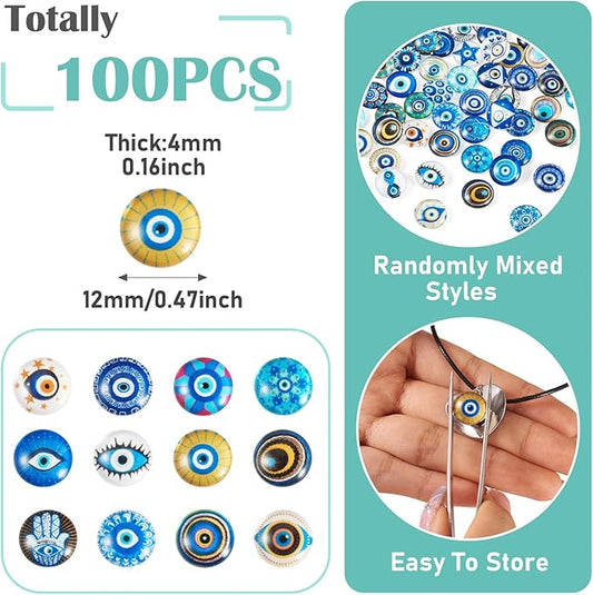 Craftora 100Pcs 12mm Transparent Evil Eye Glass Cabochons Mixed Blue Eyes Cameo Dome Tiles Flat Back Glass Covered Dome Tiles for DIY Bracelets Necklace Scrapbooking Art Crafts