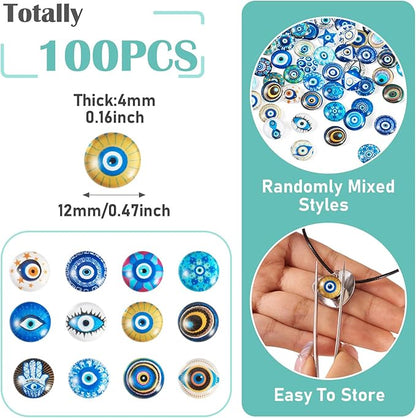 Craftora 100Pcs 12mm Transparent Evil Eye Glass Cabochons Mixed Blue Eyes Cameo Dome Tiles Flat Back Glass Covered Dome Tiles for DIY Bracelets Necklace Scrapbooking Art Crafts