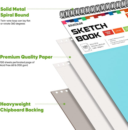 Soucolor 9" x 12" Spiral Bound Blank Sketch Notebook Journal Book- 1-Pack 100 Sheets Acid-Free 68lb/100gsm Paper, Art Sketchbook for Painting, Doodling, Journaling, Kids, Students, Adults, Beginners - Crafty Corner