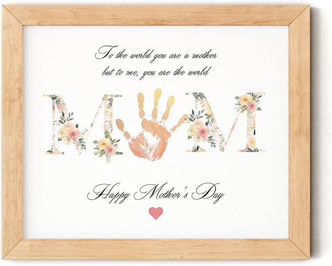 TwoDays Mother's Day Handprint Gift from Kids - DIY Keepsake Craft for Mom & Grandma, Family Activity Handprint & Flower Kit, Great Gift for Mother’s Day (8" X 10", Wood Frame)
