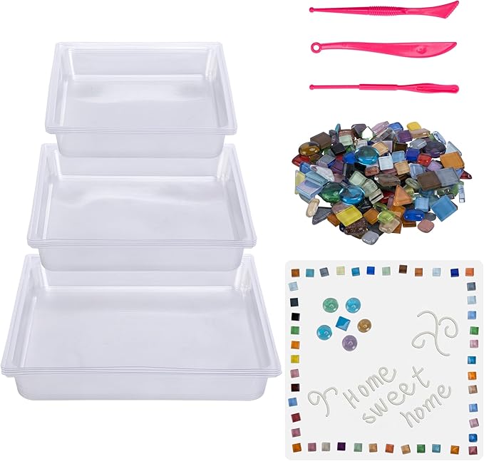 Mizelu 14 Pcs Square Stepping Stone Mold Kit, Includes Concrete Mold Mosaic Tiles and Carving Tools, 3 Size Garden DIY Stone Molds for Outdoor Walkways Pavement Decoration (No Concrete Mix)