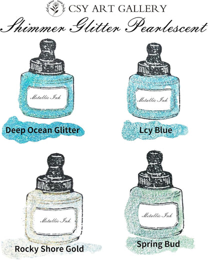 CSY art gallery Metallic Acrylic Ink-Craft Paint-Calligraphy Inks,Glitter-Pearlescent -ICY Blue Drawing Ink Liquid Gold Leaf Paints with Dropper, 1oz - 29.5 ml (Ice Lake Mountains Set) - Crafty Corner