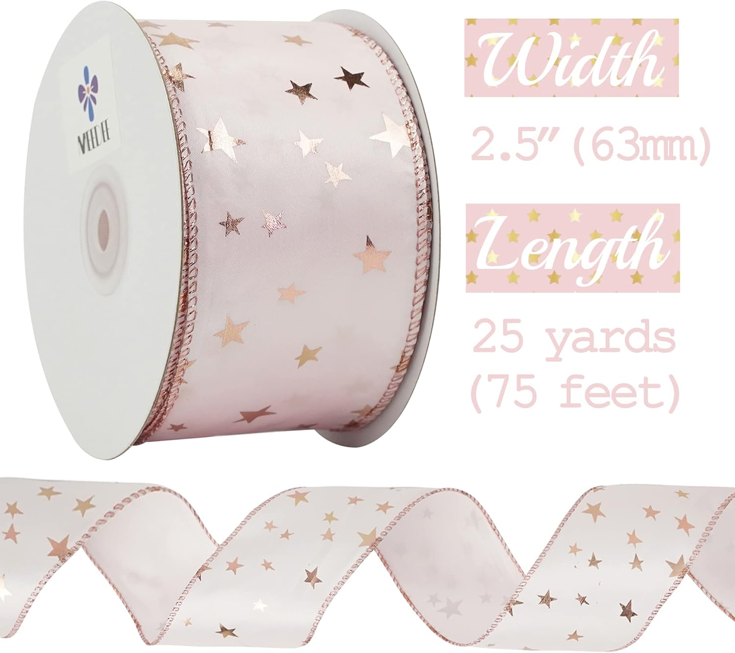MEEDEE Rose Gold Star Satin Wired Ribbon - 2.5 Inch Pink Wedding Ribbon - 25 Yards Roll Christmas Decor - Crafty Corner