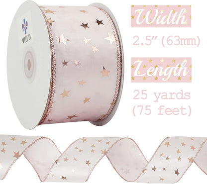 MEEDEE Rose Gold Star Satin Wired Ribbon - 2.5 Inch Pink Wedding Ribbon - 25 Yards Roll Christmas Decor - Crafty Corner