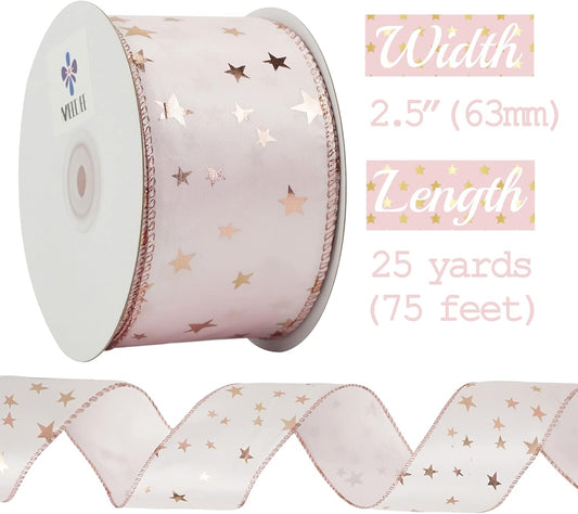 MEEDEE Rose Gold Star Satin Wired Ribbon - 2.5 Inch Pink Wedding Ribbon - 25 Yards Roll Christmas Decor - Crafty Corner