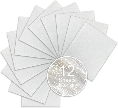 White Glitter HTV Sparkly Heat Transfer Vinyl – 12 Pcs 12x10Inch Iron-On Vinyl Sheets for T‑Shirts & DIY Craft Gifts, Easy to Cut & Weed, No‑Flake & Washable, Work with All Cutter Machines