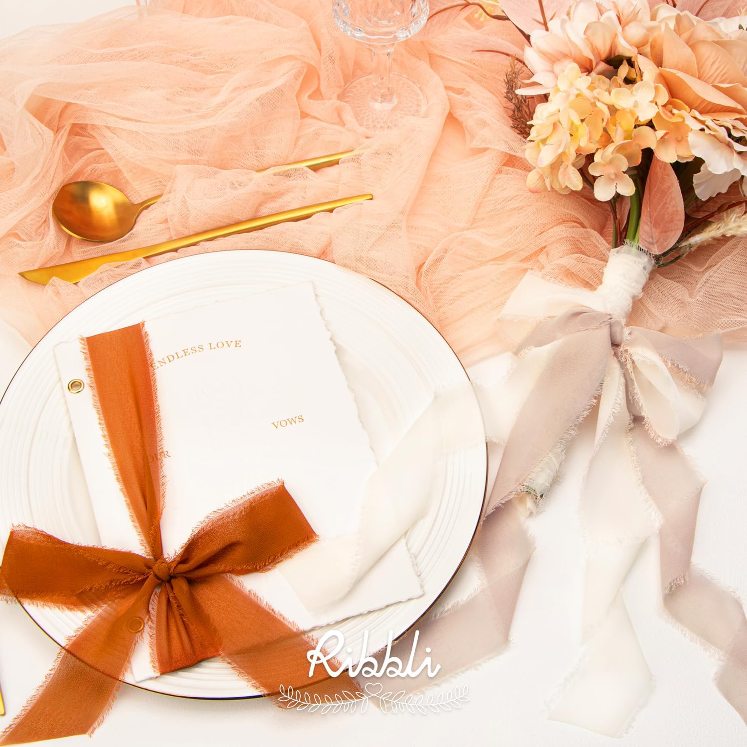 Ribbli Fall Chiffon Ribbon 1.5 inch x 30 Yard Handmade Silk, Cream/Beige/Terracotta Fringe Chiffon Ribbon for Wedding Invitations, Bridal Bouquets Wrapping, Flower Arrangement Decoration - Crafty Corner