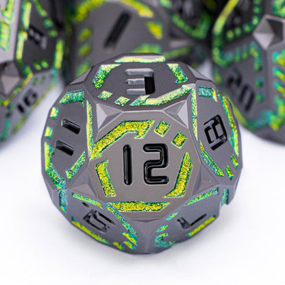 Metal DND Sci-fi Dice Set 7PCS Stripe Polyhedral Dice for Dungeons Dragons RPG Role Playing Game, Glitter D and D Dice with Gift Box D6 D8 D10 D12 D20 (Black&Green Yellow)