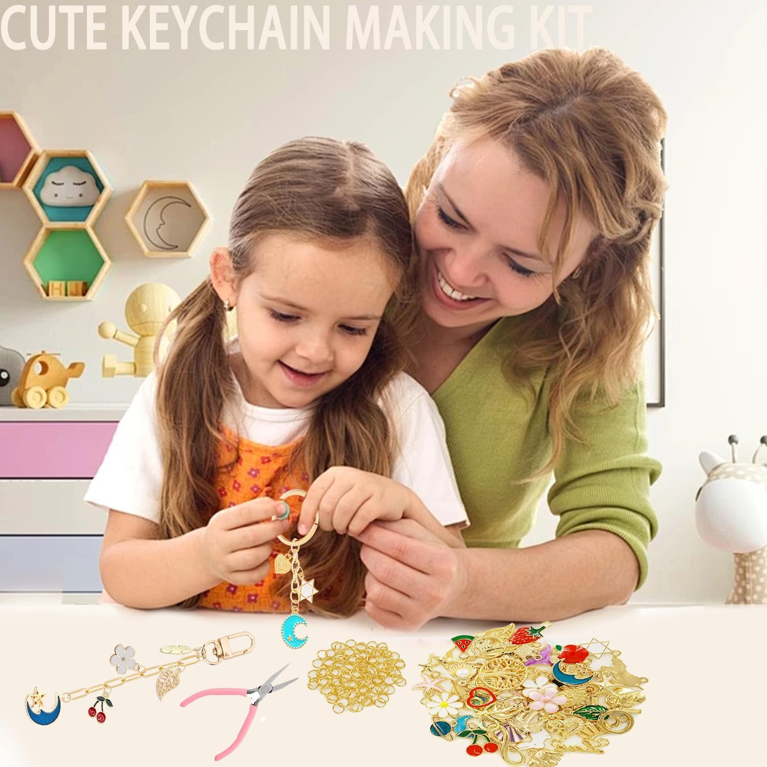 MORWLAT 281 PCS Gold DIY Keychain Making Kit Cute Bag Charm Kit 60 Charms 8 Keychain Clips with Key Ring Swivel Snap Hook Lobster Claw Clasps 200 Jump Ring Jewelry Plier DIY Set Women Craft (60) - Crafty Corner