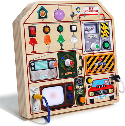 JAUNTY Montessori Wooden Busy Board for Toddlers 3 4 5 Years Old, Wooden Sensory Toddler Toys with LED Light Switches, TV Radio Telegram and Car Driving, Travel Toys Birthday for Boys Girls