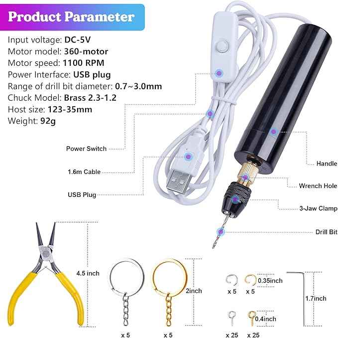 LET'S RESIN Electric Drill, 74Pcs Hand Drill with 3-Jaw Clamp-Applicable to A Larger Drilling Range (0-3mm), Keychain Making Kit, Jewelry Making Kit, Grip Nose Pliers, Jewelry tools, for Resin