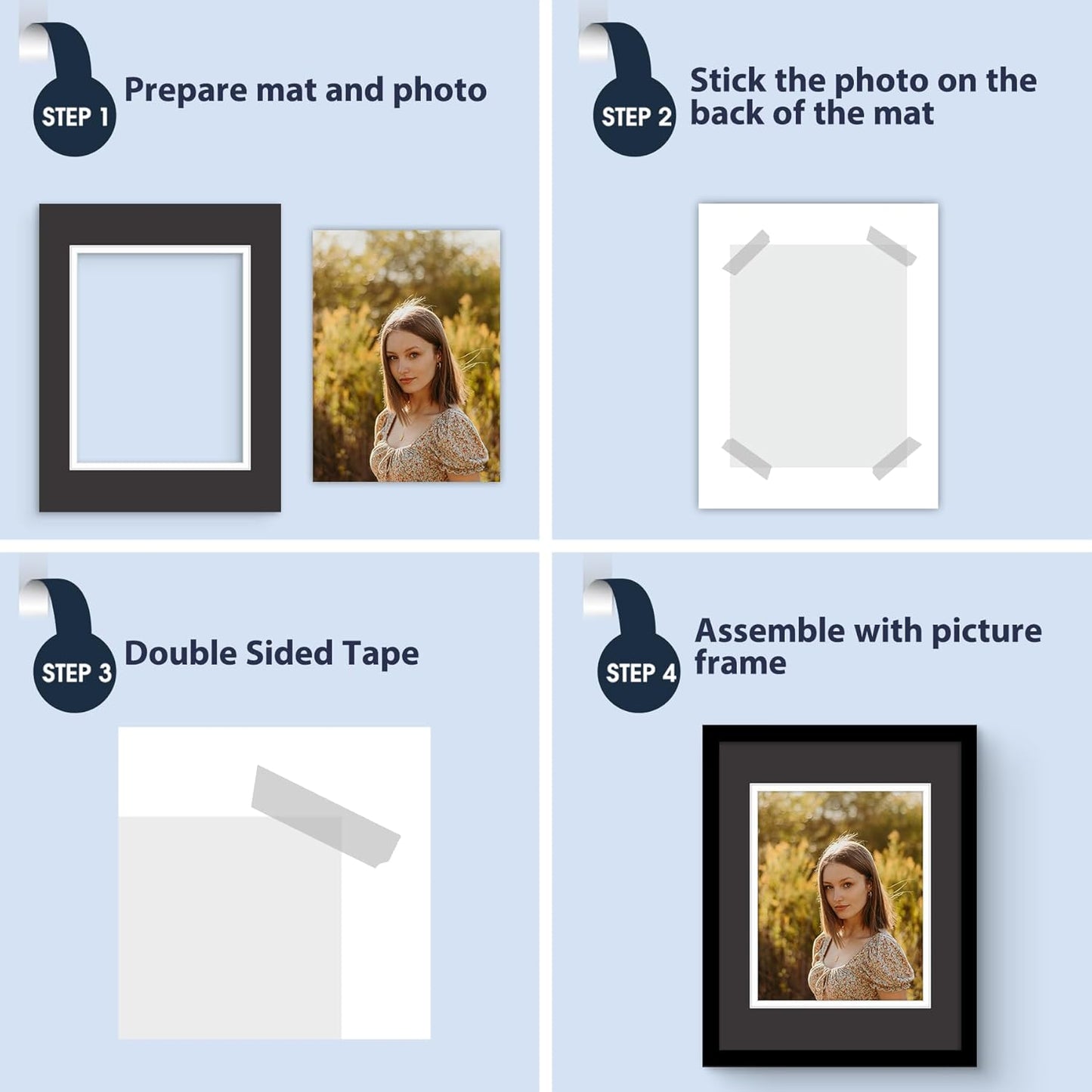 Mat Board Center, Double Mat - Acid Free, 8-ply Thickness, White Core - for Pictures, Photos, Framing (Black Over White, 11x14 for 8x10, Pack of 5)