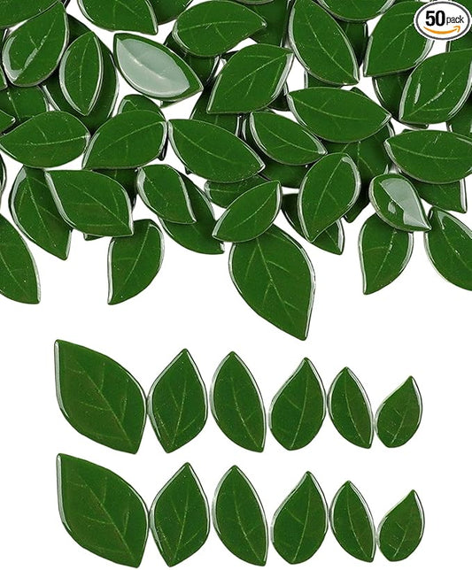 200g Mixed Sizes Leaves Mosaic Tiles for Craft Bulk, Small Ceramic DIY Stepping Stone Kit, Glazed Porcelain Tiles for Coasters Lamp Bathroom Decorations (Green)
