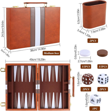 Backgammon Set 2 Players Classic Backgammon Sets for Adults Board Game with PU Leather Case Portable and Travel Backgammon Set (Brown, 15inch)