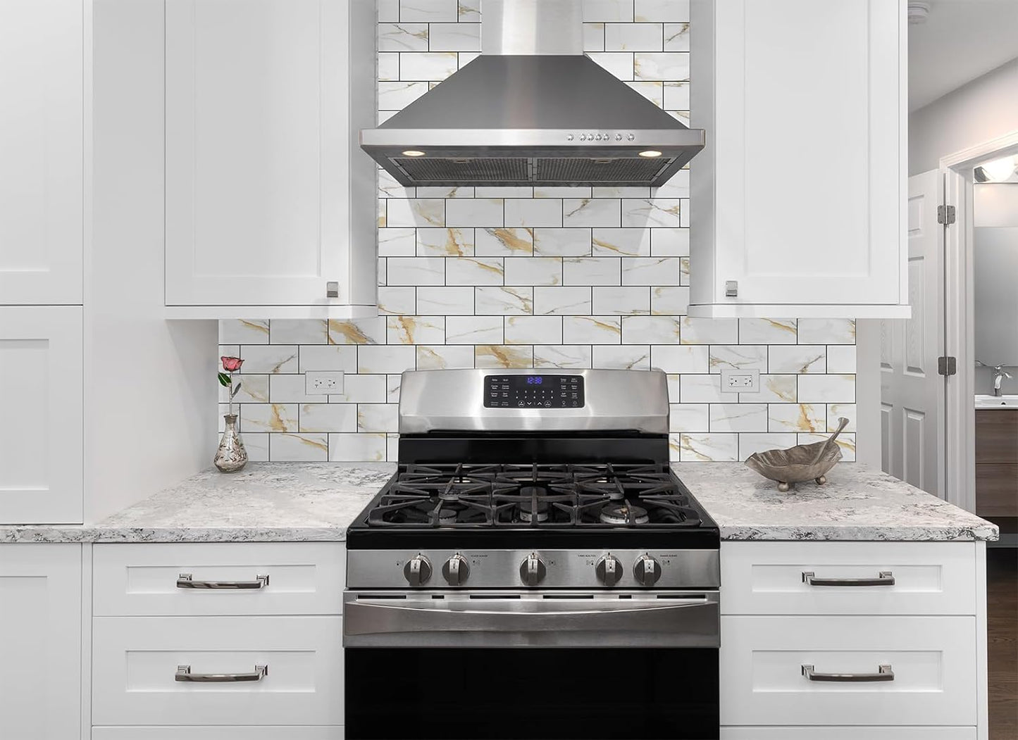 4 Pieces Peel and Stick Backsplash for Kitchen, 3" x 6" PVC Subway Tile Upgraded Calacatta Gold with Dark Gray Grout Backsplash Stick on Tile Elevate Kitchen, Bathroom, Fireplace,RV