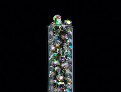 1.8 oz (50g, Approx. 600pcs) of Faceted Fire Polished Pressed Czech Glass Beads 4mm (0.16in), Crystal Vitrail 00030-28101 BCV