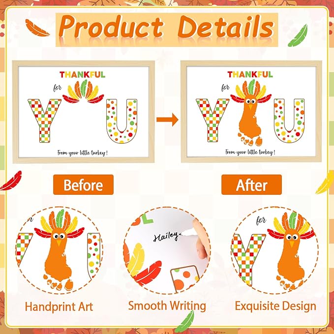 Thanksgiving Turkey Footprint Art Craft DIY Kit Polka Dots Fall Thanksgiving Gifts Thankful for You Little Turkey Footprint Keepsake with Wood Frame for Mom Dad Friend Holiday Activities 12x16 Inch