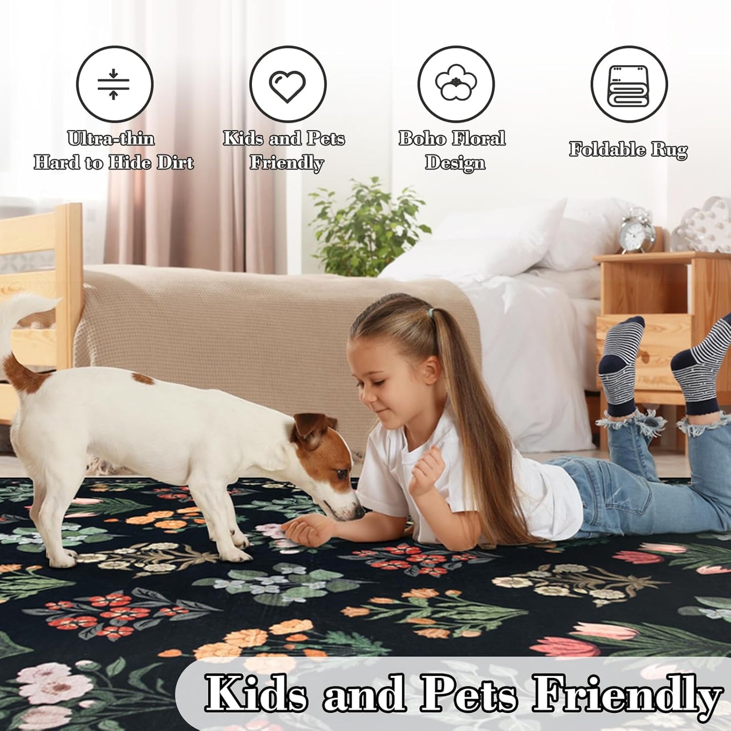 Wonnitar Washable 3x5 Area Rug, Floral Print Rugs for Entryway Indoor, Stain Resistant Moroccan Trellis Small Throw Carpet for Kitchen Laundry Dorm Office, Black/Multi