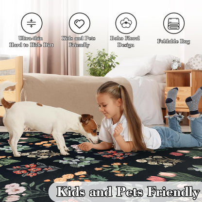 Wonnitar Washable 3x5 Area Rug, Floral Print Rugs for Entryway Indoor, Stain Resistant Moroccan Trellis Small Throw Carpet for Kitchen Laundry Dorm Office, Black/Multi