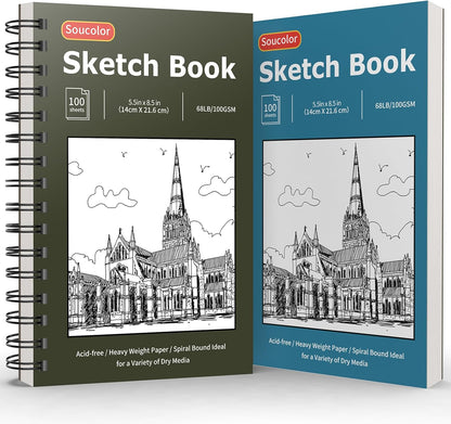 Soucolor 5.5" x 8.5" Sketchbook Pack of 2, 200 Sheets Blank Journal Notebook, A5, Spiral Bound Sketch Pad Drawing Book Acid-Free Paper (68lb/100gsm), Painting Sketching Drawing Notebook Art Supplies - Crafty Corner