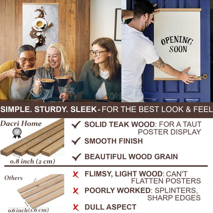 DACRI HOME 48" Sturdy Magnetic Poster Hanger Frame - Teak Wood Poster Frame, Strong Magnets for Safe Hanging Maps Pictures Print Scroll Wall Art (48 Inch, Natural Wood)