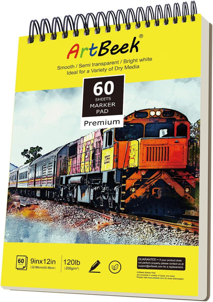 ArtBeek Marker Paper Pad, 9"x12" Alcohol Marker Paper, 60 Sheets (120lb/200gsm) Marker Sketchbook Bleedproof, Art Paper for Drawing and Painting, Sketching, Coloring, Lettering